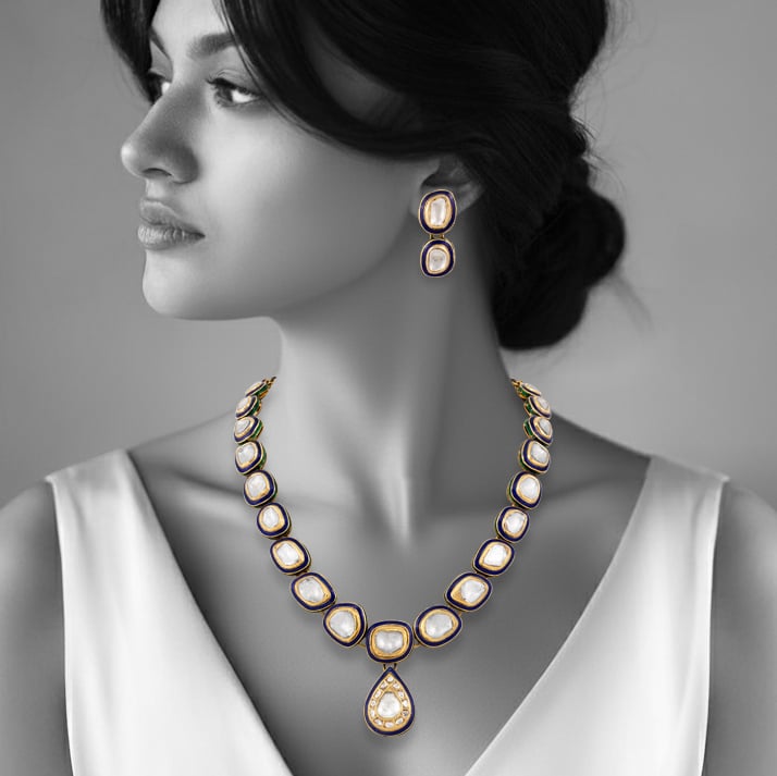 Framed Blue Enamel Polki Necklace with Central Teardrop Pendant
